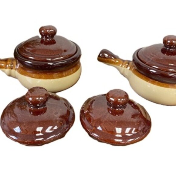 Vintage Tri-Tone Stoneware Lidded French Onion Soup Pots & Handle Set of 2 - Picture 8 of 8